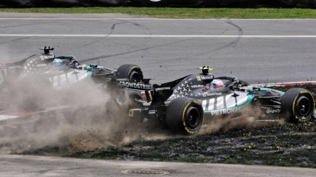 Mercedes teammates George Russell and Kimi Antonelli battle, as Antonelli goes off track in the 2026 Canada Sprint