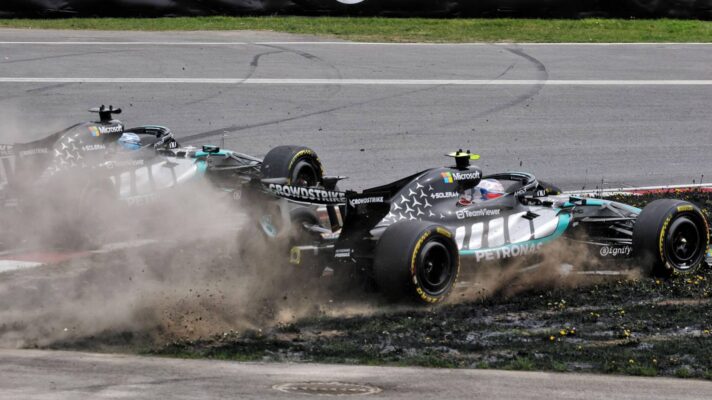 Mercedes teammates George Russell and Kimi Antonelli battle, as Antonelli goes off track in the 2026 Canada Sprint