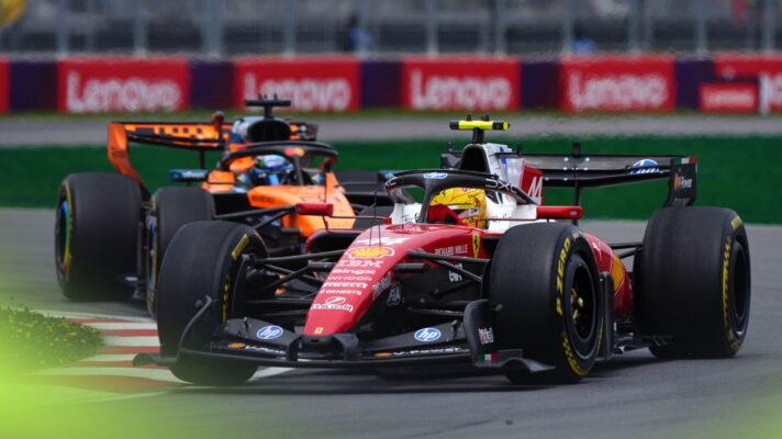 Lewis Hamilton, Ferrari, ahead of Oscar Piastri, McLaren during the 2026 Canadian Grand Prix Sprint