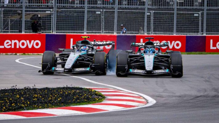 George Russell and Kimi Antonelli race wheel-to-wheel with Antonelli pushed off the track