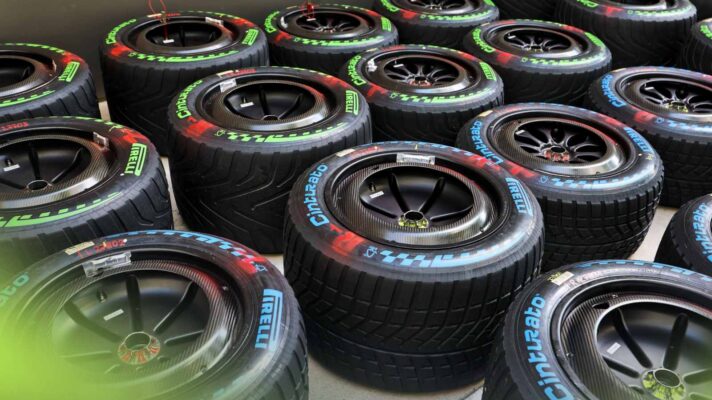 F1 2026 Pirelli wet weather and intermediate tyres, lined up on the floor.