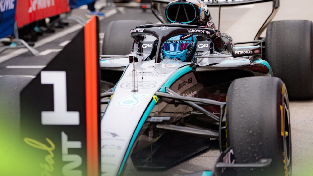 George Russell parks behind the '1' sign after taking pole for the 2026 Canadian Grand Prix
