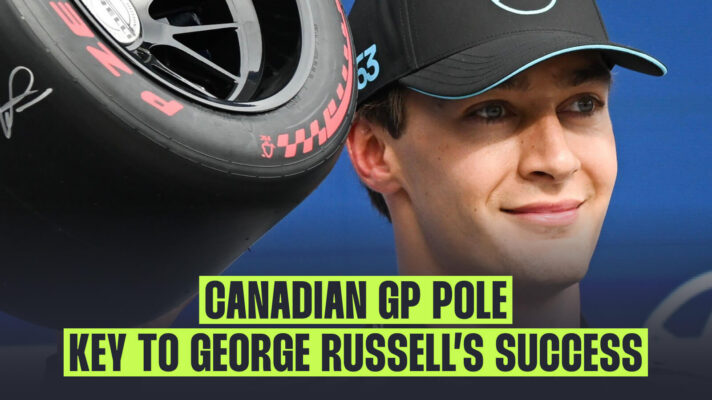 George Russell holding the Pirelli pole position tyre at the Canadian GP