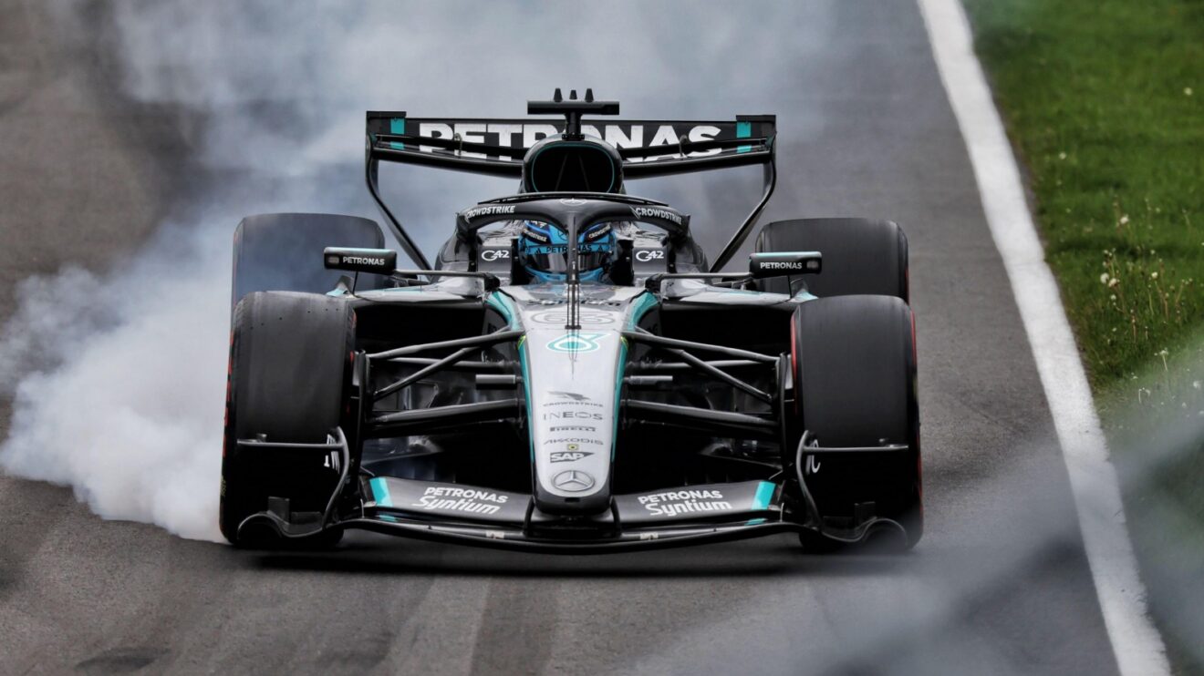 George Russell, Mercedes, sends up tyre smoke at the 2026 Canadian Grand Prix