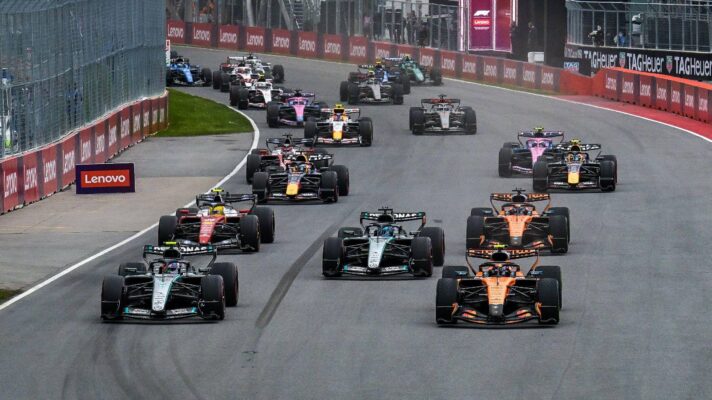 McLaren drivers Lando Norris and Oscar Piastri on intermediate tyres at the 2026 Canadian GP start
