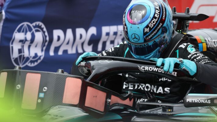 George Russell exits his Mercedes W17 at the 2026 Canadian Grand Prix