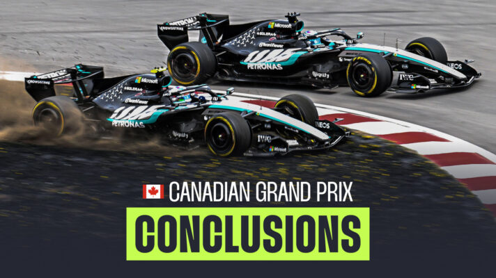Kimi Antonelli takes to the grass at Turn 2 during the Canadian Grand Prix Sprint while George Russell remains on track behind him.