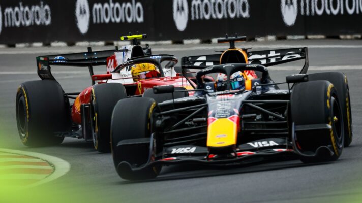 Max Verstappen, Red Bull, ahead of Lewis Hamilton, Ferrari, at the 2026 Canadian Grand Prix