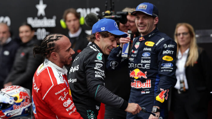 Lewis Hamilton lifts Kimi Antonelli as Max Verstappen laughs