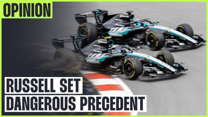 Kimi Antonelli rejoins the track after being pushed off by Mercedes teammate George Russell during the Canadian GP Sprint.