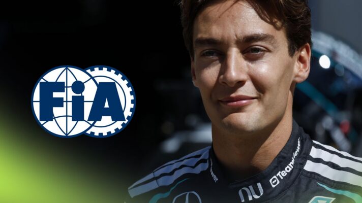 George Russell, Mercedes, pictured at the 2026 Canadian Grand Prix as an FIA logo appears on the left