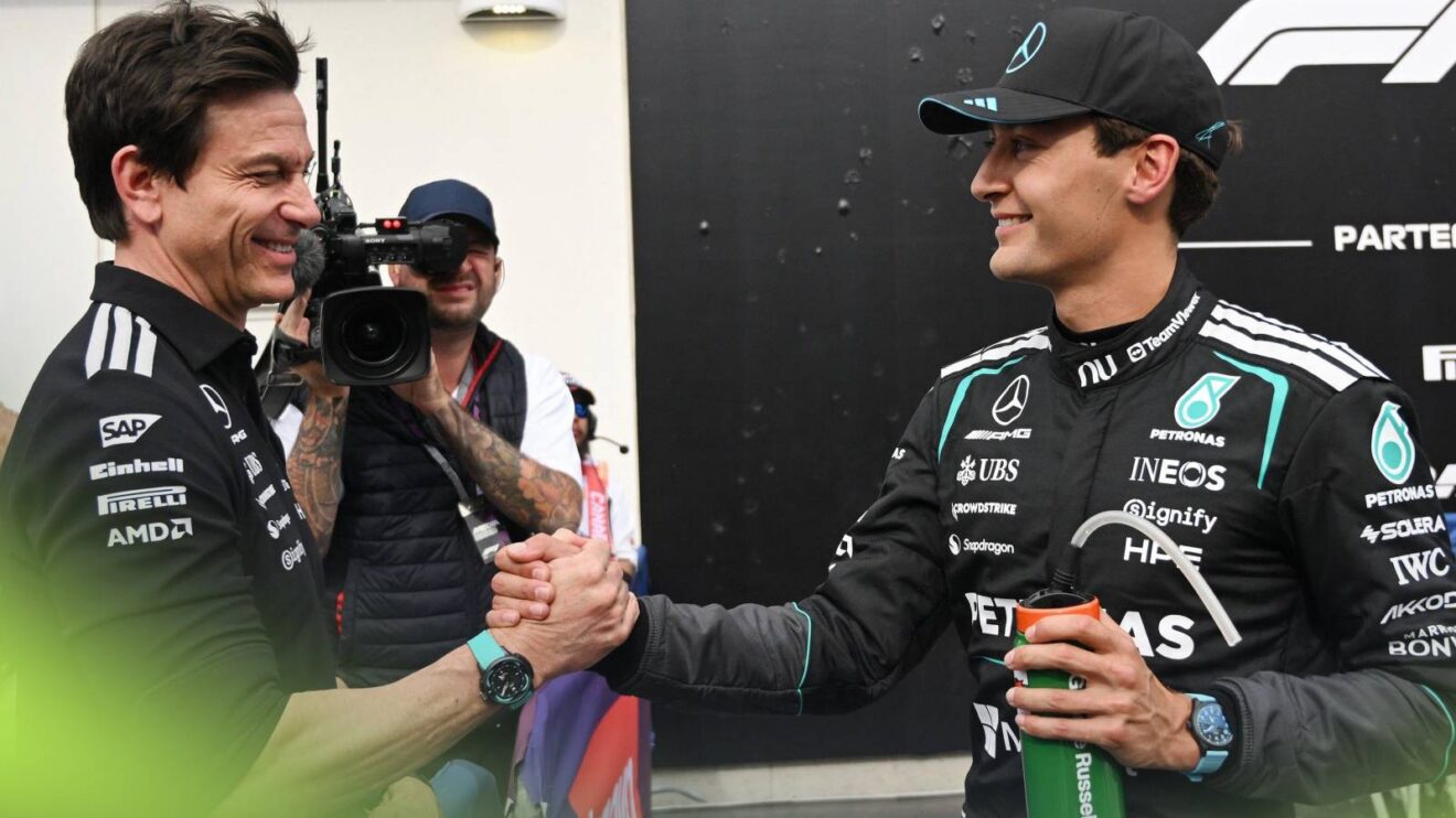 Mercedes' Toto Wolff and George Russell at the 2026 Canadian Grand Prix.