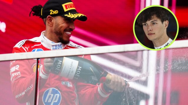 Lewis Hamilton, Ferrari, celebrates his P2 on the 2026 Chinese Grand Prix podium as Oliver Bearman, Haas, appears in a top right circle