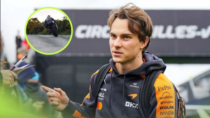 Oscar Piastri next to a photo of the Isle of Man TT in action.