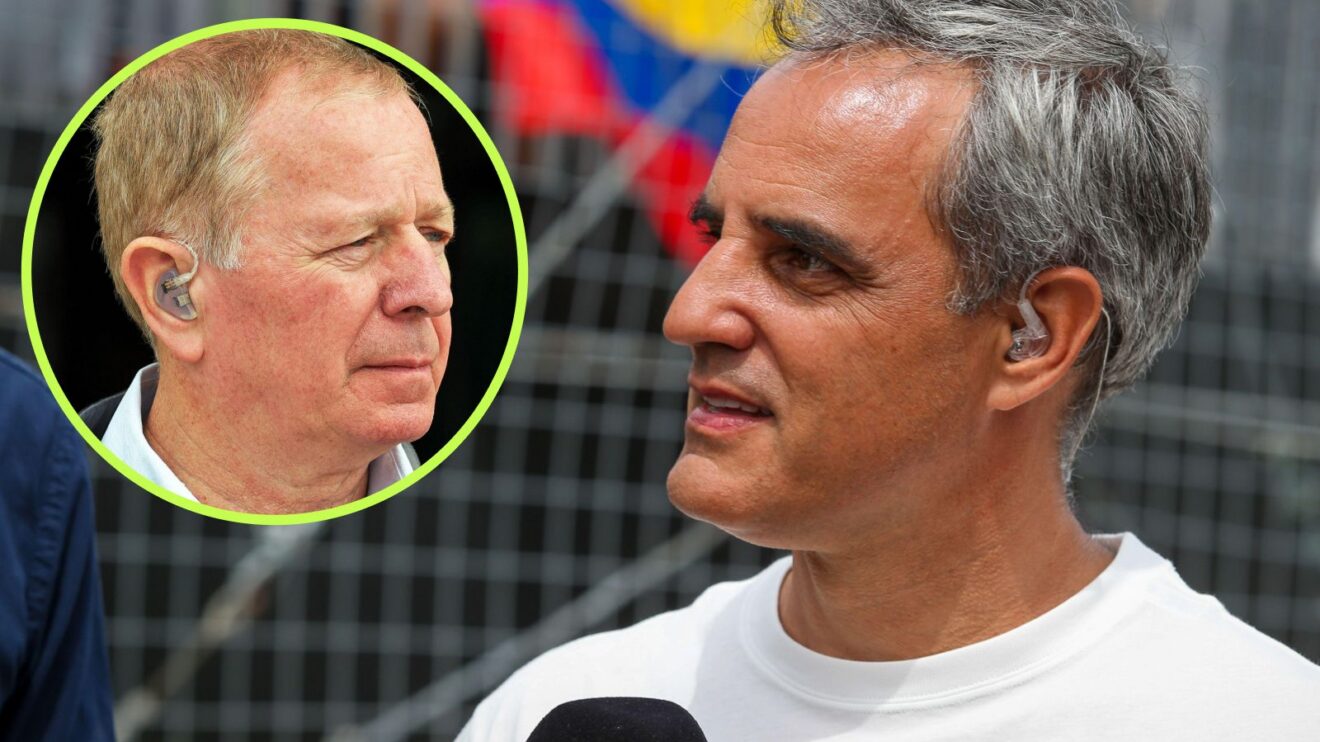 Juan Pablo Montoya pictured at the 2026 Canadian Grand Prix, as Martin Brundle appears in a top left circle