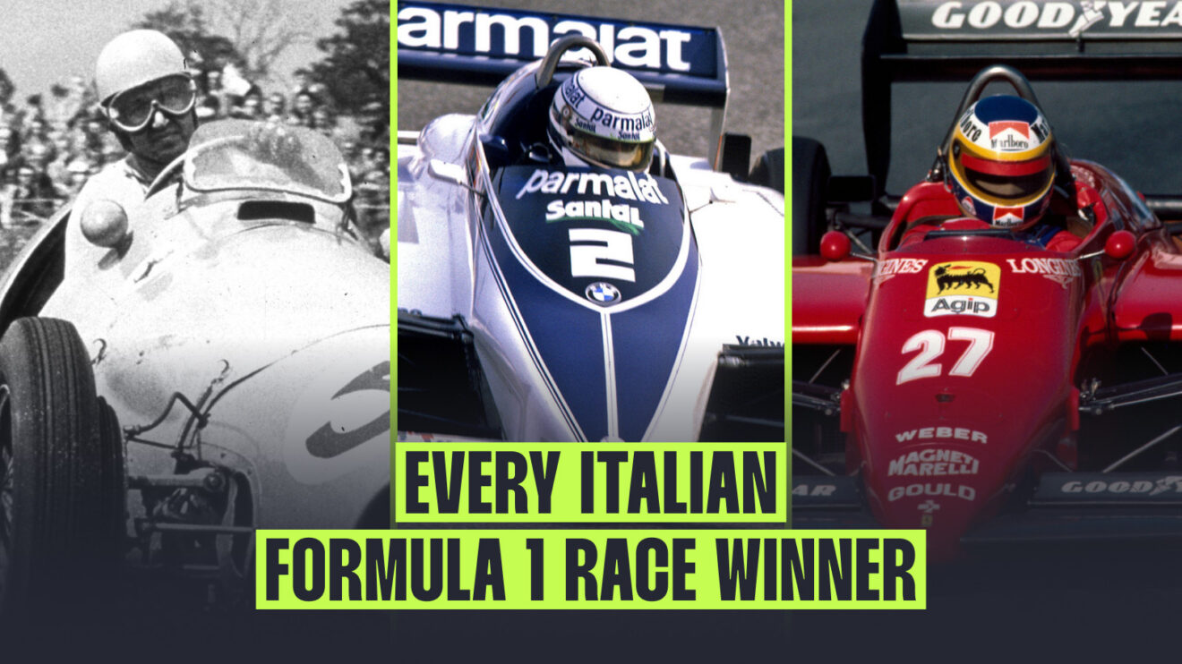 A composite image including Alberto Ascari, Riccardo Patrese, and Michele Alboreto.