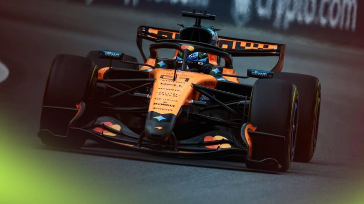 An action shot of Oscar Piastri's McLaren on track in Canada