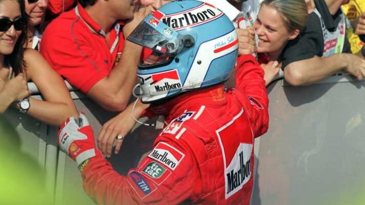 Mika Salo, Ferrari, celebrates his 1999 Italian Grand Prix podium