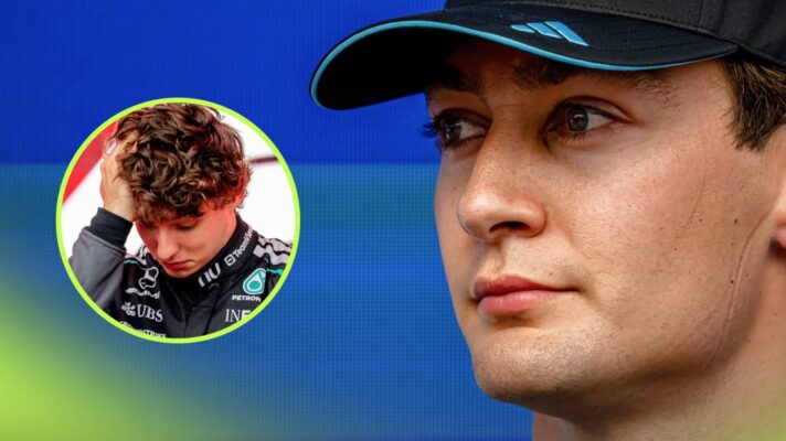 A close-up shot of George Russell with an inset of Kimi Antonelli holding his head on the podium