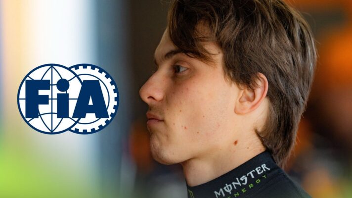 Oscar Piastri pictured in the McLaren garage at the 2026 Canadian Grand Prix, as an FIA logo appears on the left