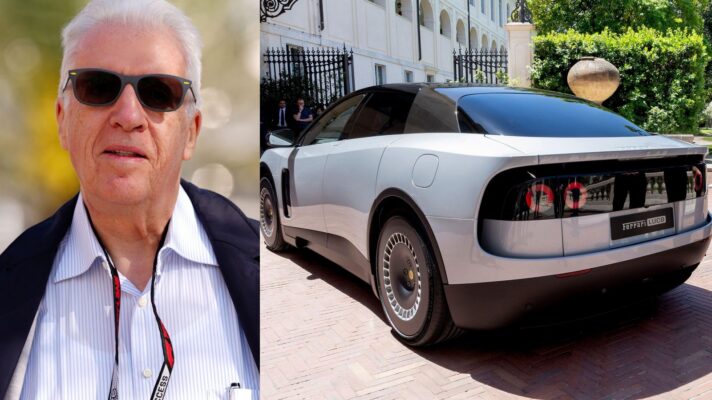 The Ferrari Luce EV on show in Rome, as Ferrari vice chairman Piero Ferrari appears on the left