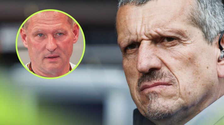 A close-up shot of Guenther Steiner with an inset of Jos Verstappen