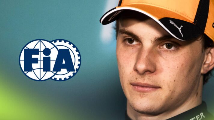 A close-up shot of Oscar Piastri in a press conference with an FIA logo alongside him