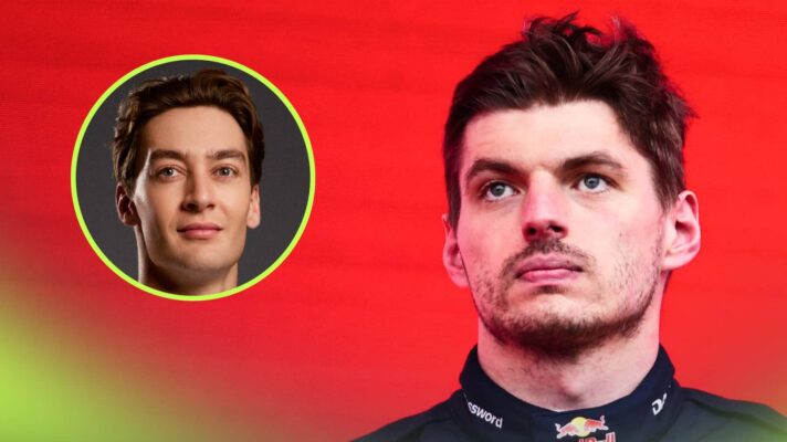 Max Verstappen looks on during the podium ceremony against a red background with an inset of George Russell