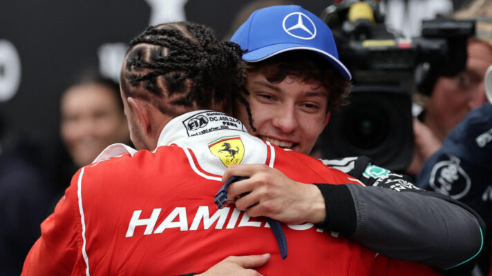 Kimi Antonelli hugs Ferrari driver Lewis Hamilton after both finished on the podium
