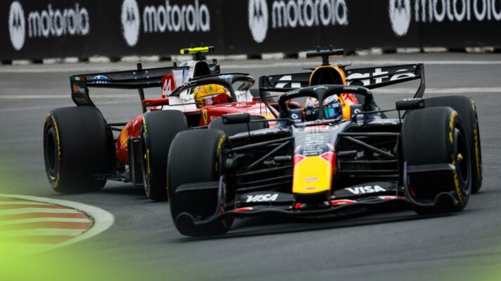 Max Verstappen in his Red Bull leads Ferrari's Lewis Hamilton on track during the 2026 Canadian Grand Prix.