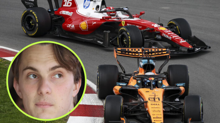 Oscar Piastri leads Charles Leclerc on the track, Piastri in the circle