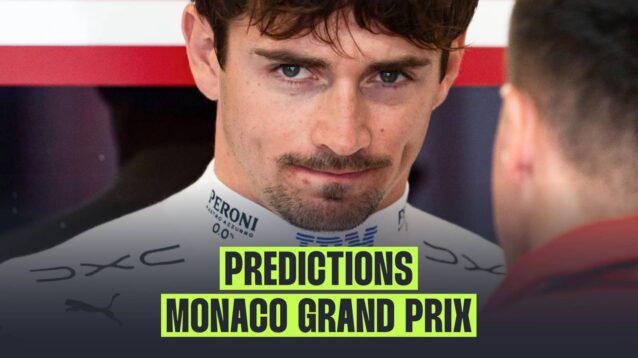 A close-up shot of Charles Leclerc eyeing the camera with a banner reading: 'Predictions: Monaco Grand Prix'