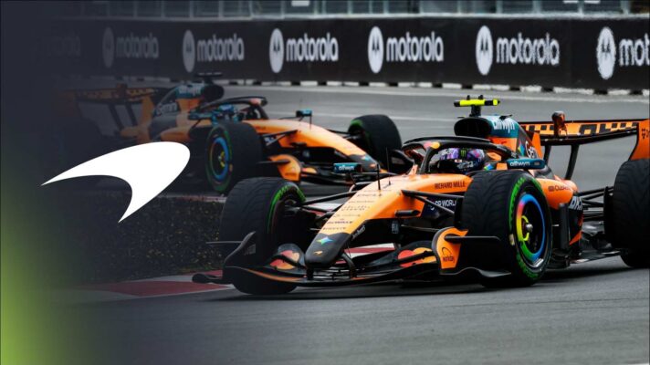McLaren drivers Lando Norris and Oscar Piastri circulate on intermediate tyres in Canada.