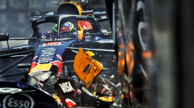 Isack Hadjar hits the wall in Monaco FP1, bits of bodywork flying off his Red Bull RB22