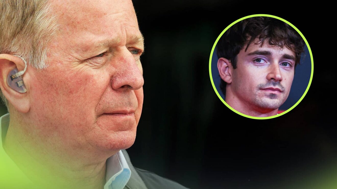Martin Brundle looks on with an inset of Charles Leclerc