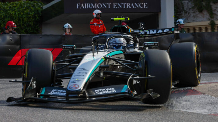 Kimi Antonelli driving the Moanco circuit in his Mercedes W17, red walled Pirelli tyres