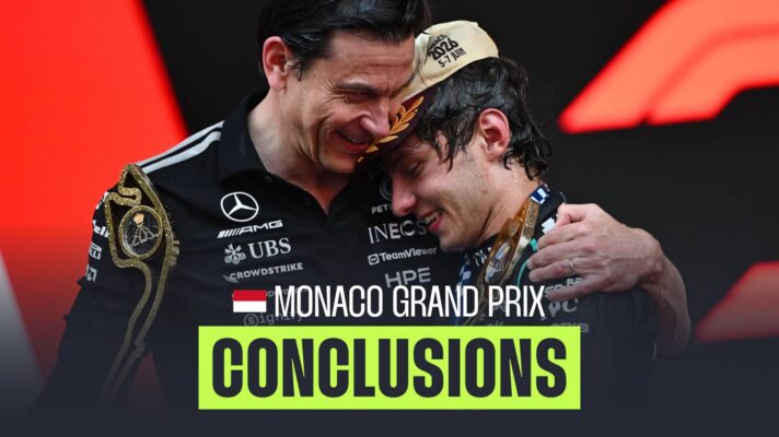 Toto Wolff holds his arm around Kimi Antonelli on the podium in Monaco with a PlanetF1.com conclusions banner positioned centre-bottom