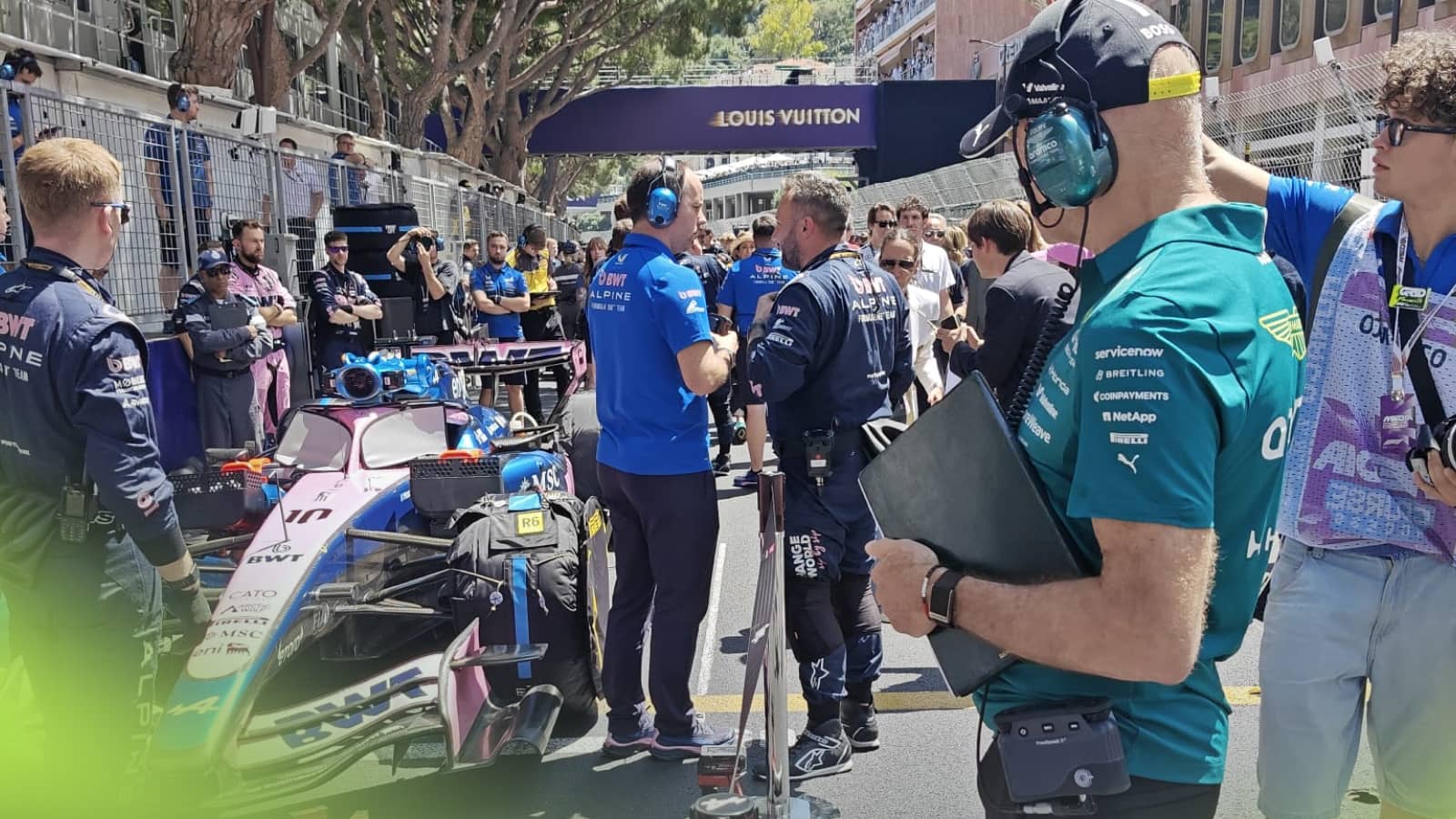 Adrian Newey looking at Pierre Gasly's Alpine on the grid in Monaco
