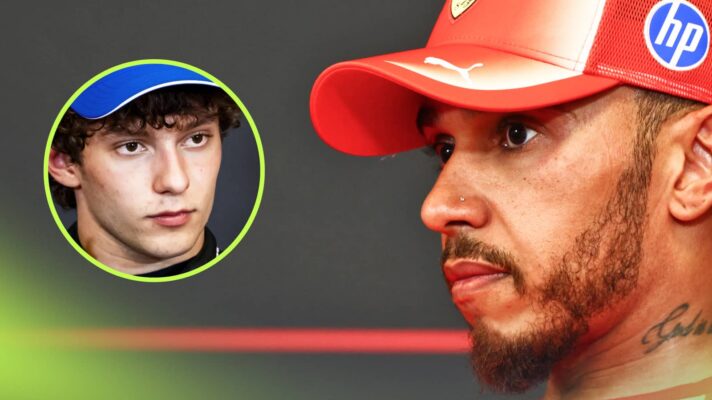 A close-up shot of Lewis Hamilton in a press conference with an inset of Kimi Antonelli