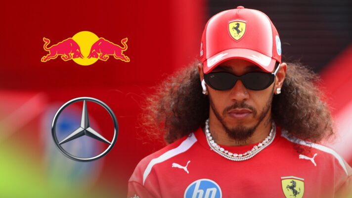 Lewis Hamilton with the Red Bull and Mercedes logo
