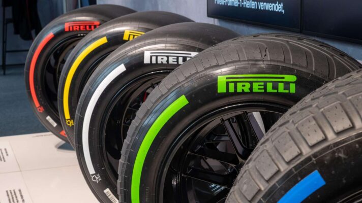A row of Pirelli F1 tyres, with all five dry and wet compounds.