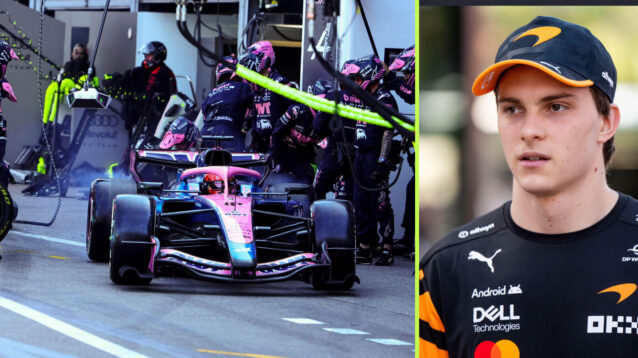 Pierre Gasly pulls out of the Alpine pit box, Oscar Piastri alongside