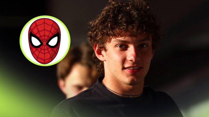 Kimi Antonelli alongside a Spider-Man mask.