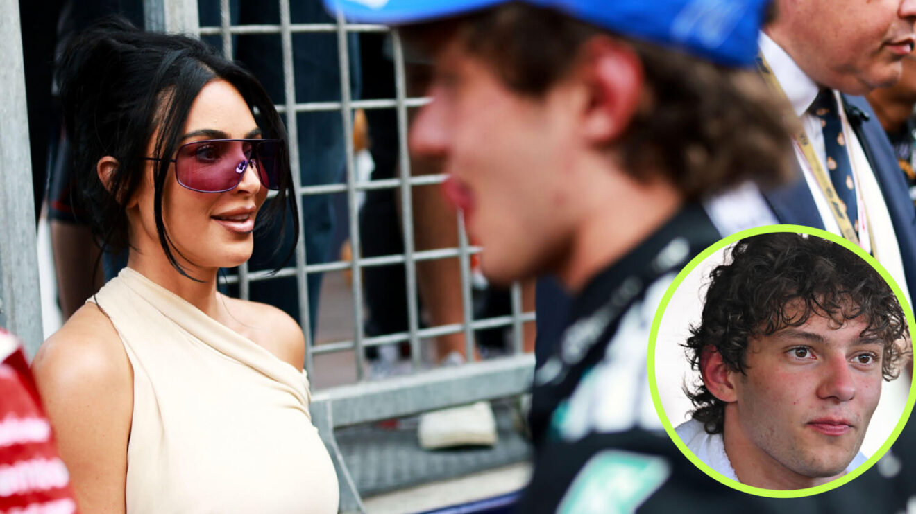 Kimi Antonelli walks past Kim Kardashian, Mercedes driver with a towel around his neck