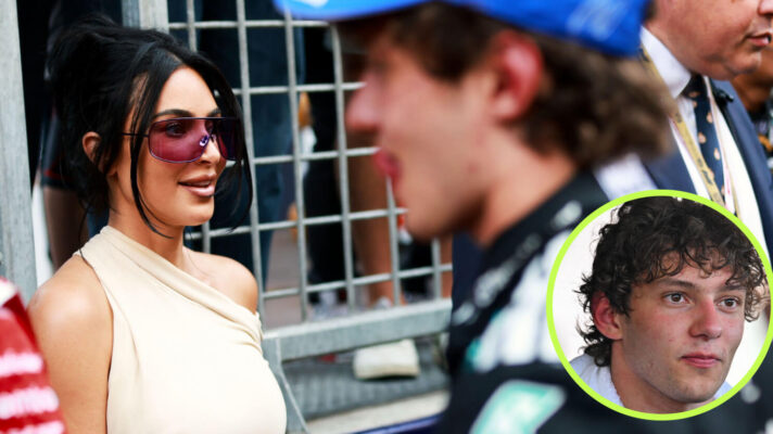 Kimi Antonelli walks past Kim Kardashian, Mercedes driver with a towel around his neck