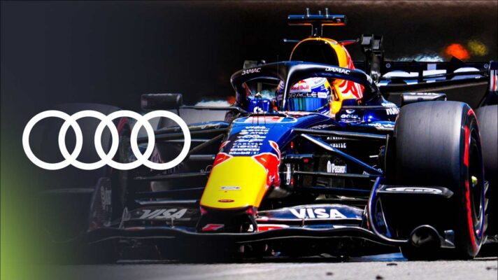 Red Bull driver Max Verstappen next to an Audi logo.