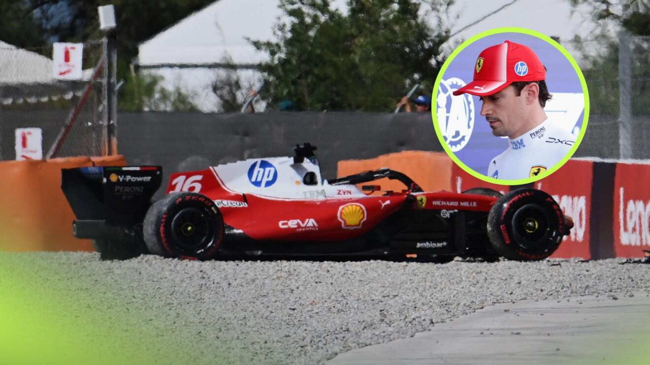 Charles Leclerc, inset, looks at his crashed Ferrari SF-26 at Turn 4 in Barcelona.