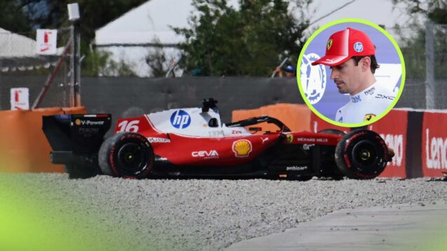 Charles Leclerc, inset, looks at his crashed Ferrari SF-26 at Turn 4 in Barcelona.