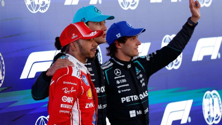 George Russell, Lewis Hamilton and Kimi Antonelli qualified in the top three on the F1 starting grid for the Barcelona GP.
