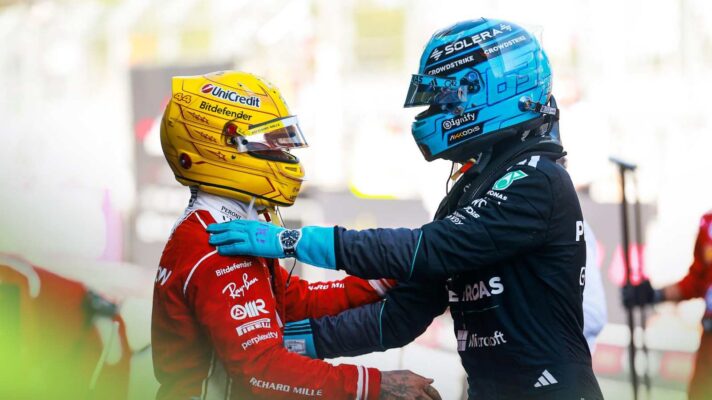 George Russell and Lewis Hamilton embrace after the Barcelona GP.